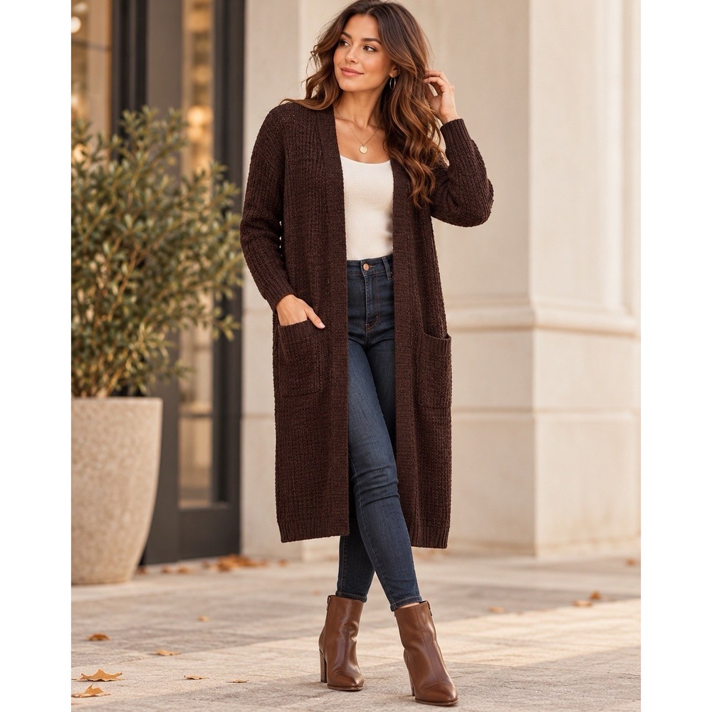 Women's Brown Longline Cardigan Duster Open Front Textured Knit Pockets Size L